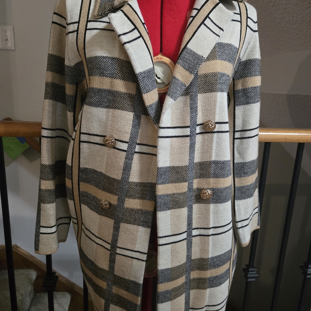 Anne Klein Black and Tan Plaid Trench Coat